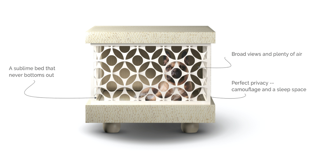 A mid-centuty side table in textured cream color with a geometric circle pattern in white as its mid section. If you concentrate and look more closely, you see a French Bulldog inside staring at you.  Callouts describe key features.