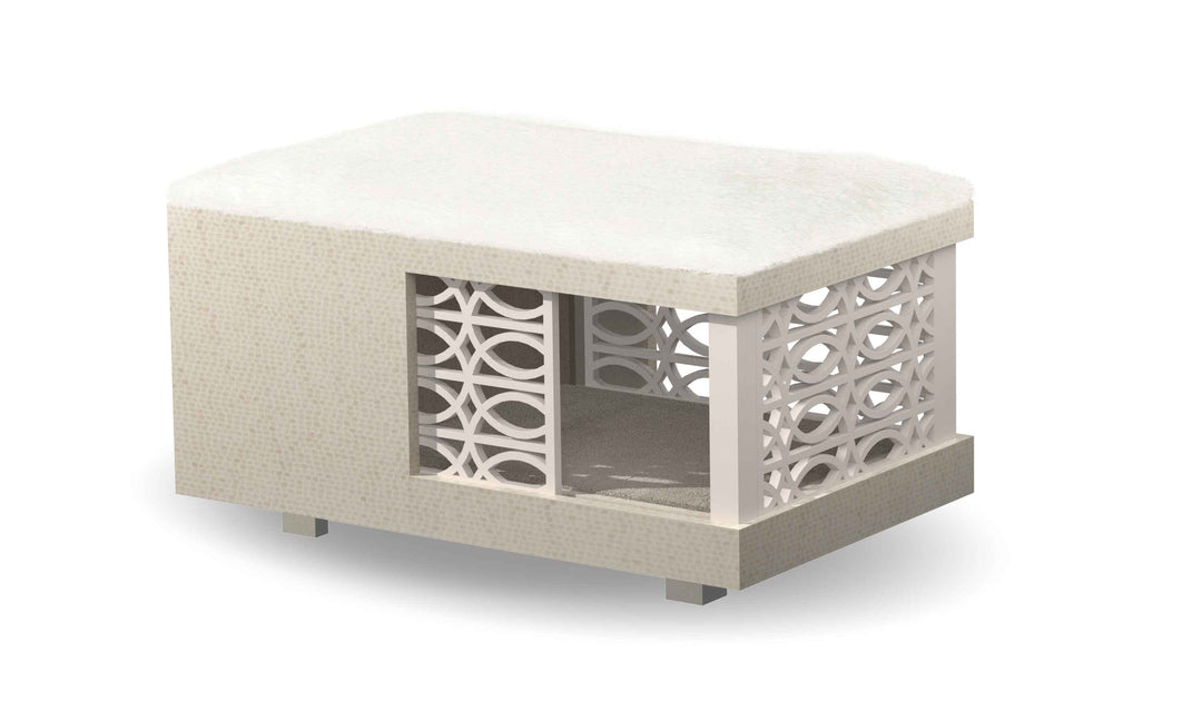 An isometric view into a cream colored ottoman with 3 screened sides and an open sliding door allowing you to view into it.